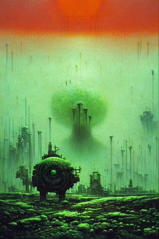 Prompt: glowing green alien crystals, polished green quartz surface irradiating radioactive zombie infested city, a brams tank, dark apocalyptic orange dust wasteland, beksinski