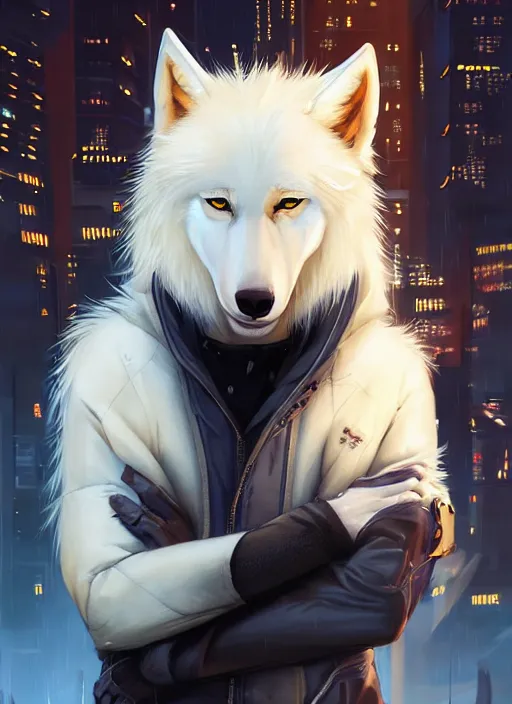 Image similar to award winning beautiful portrait commission of a male furry anthro albino wolf fursona with a tail and a cute beautiful attractive detailed furry face wearing stylish black and orange biker clothes in a cyberpunk city at night while it rains. Character design by charlie bowater, ross tran, artgerm, and makoto shinkai, detailed, inked, western comic book art