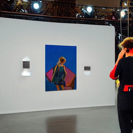 Image similar to art curator looking at a screen with a painting of virtualboy, recursive, on stage in the middle of a fashion show in the style of grand chamaco and stanley kubrick, inspired by juana molina, photorealistic, epic, super technical, cinematic still