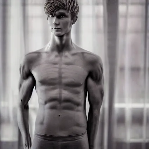 Image similar to a realistic detailed photo of a guy who is an attractive humanoid who is half robot and half humanoid, who is a male android, soccer player martin ødegaard, shiny skin, posing like a statue, blank stare, in a living room, on display, showing off his muscles