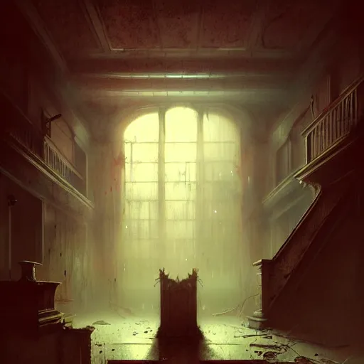 Image similar to psychiatric asylum, blood stains on the wall, horror scene, eerie atmosphere, by greg rutkowski and gaston bussiere, fluorescent lighting, beautiful volumetric - lighting - style atmosphere, futuristic atmosphere, intricate, detailed, photorealistic imagery, artstation