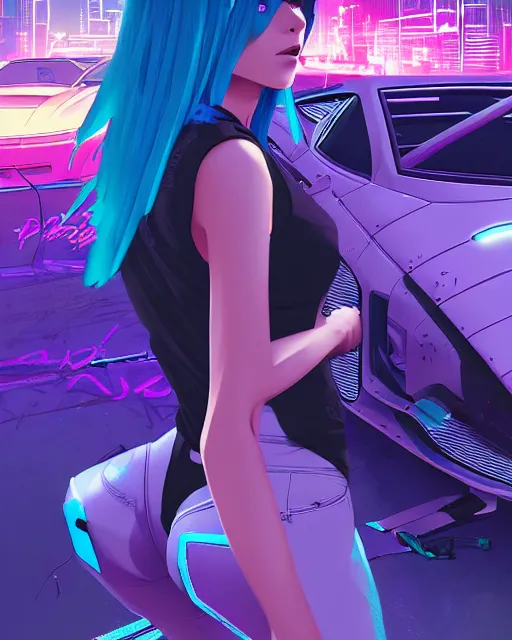 Image similar to digital illustration of cyberpunk pretty girl with blue hair, looking at a purple lamborghini, in junkyard at night, by makoto shinkai, ilya kuvshinov, lois van baarle, rossdraws, basquiat