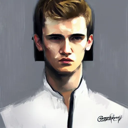 Image similar to Portrait of a man by Greg Rutkowski, he is about 20 years old, west slav features, short blonde hair with bangs, attractive, smart looking, slim, somewhat androgenic, he is wearing a white and black utilitarian jumpsuit, highly detailed portrait, scifi, digital painting, artstation, concept art, smooth, sharp foccus ilustration, Artstation HQ