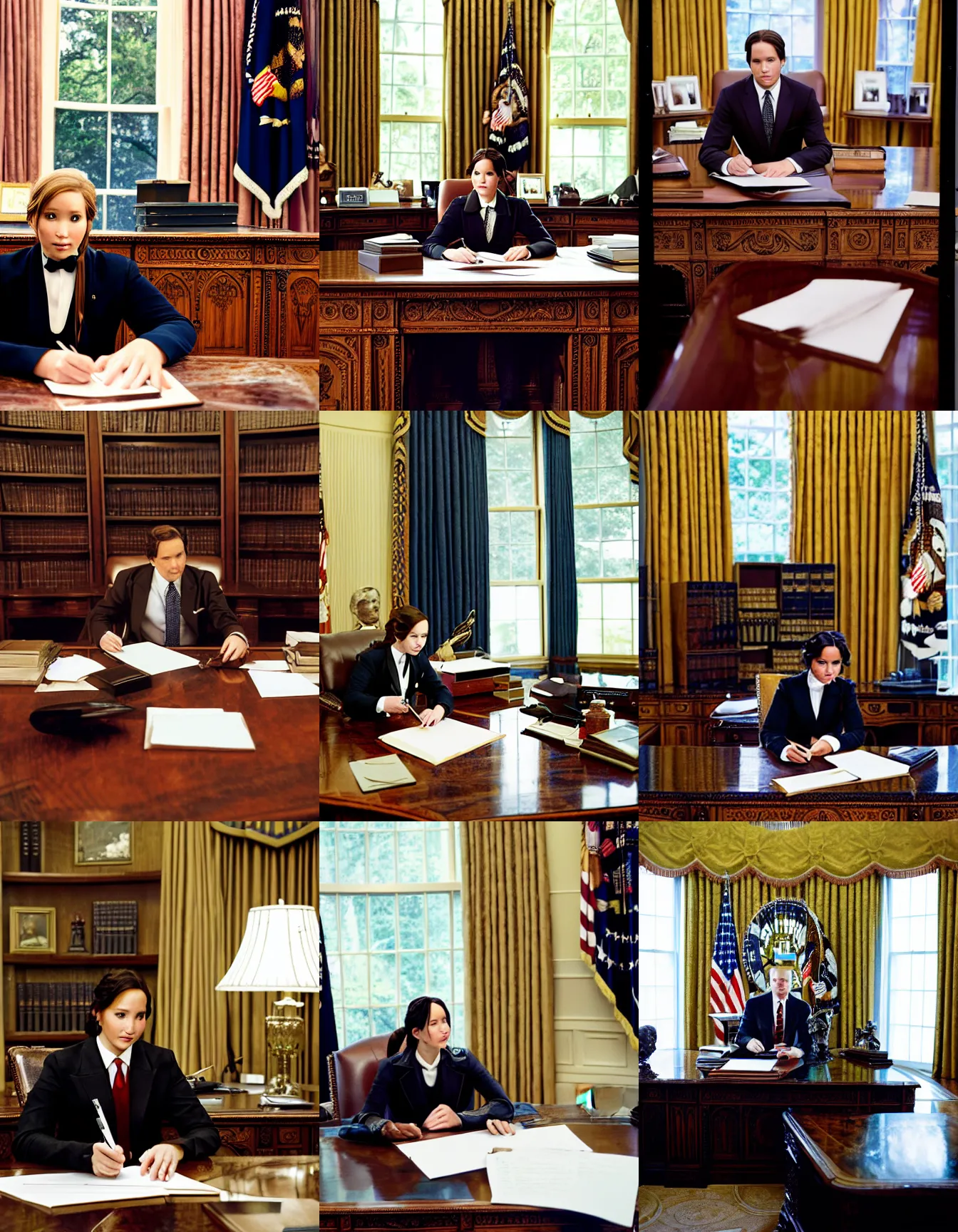 Prompt: katniss everdeen as the president of the united states, wearing a suit and tie, sitting at a desk in the oval office, signing a bill, photography by steve mccurry