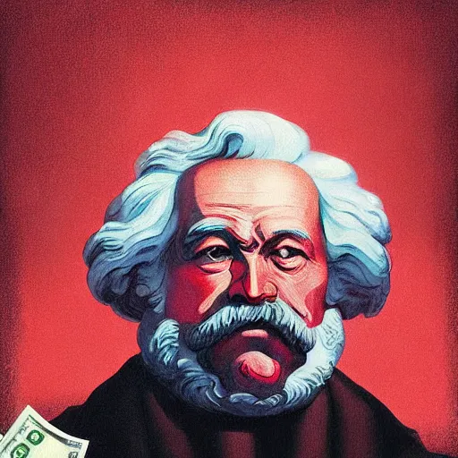 Prompt: Karl marx holding lot of money he wants to get rich, highly detailed, very coherent, painted by Francis Bacon and Edward Hopper, Wayne Barlowe, painted by James Gilleard, surrealism, airbrush, art by JamesJean