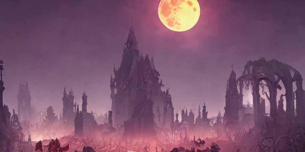 Prompt: an ultra detailed animation of a graveyard at midnight, digital art, dark fantasy, concept art, soulslike, by alphonse mucha, blood moon eclipse, ruined building in the background, artstation, 8 k, unreal engine render