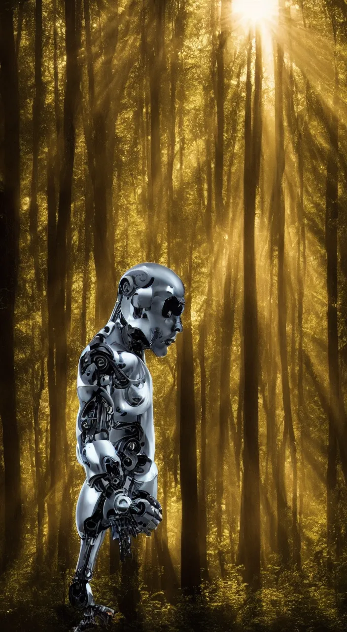 Image similar to a robot portrait in a movie, forest, cinematic shot, sun beams