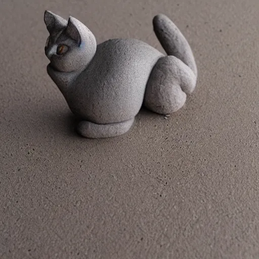 Prompt: medium - shot realistic light grey clay cat, full body, walking, rough, handmade, fingerprints on clay, masterpiece, by adam beane