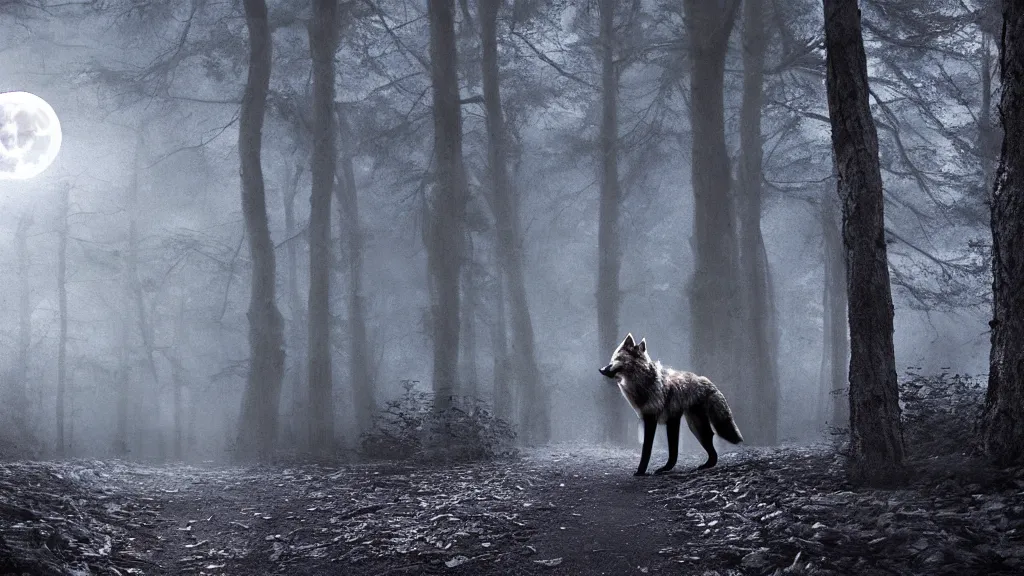 a large wolf walking on a dark path through the forest | Stable Diffusion