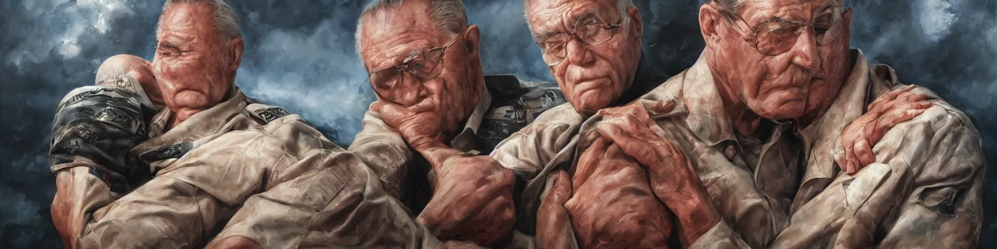 Image similar to an aging war hero holds his memories in his arms, alex ross, artgerm, atmospheric, anamorphic, cinematic