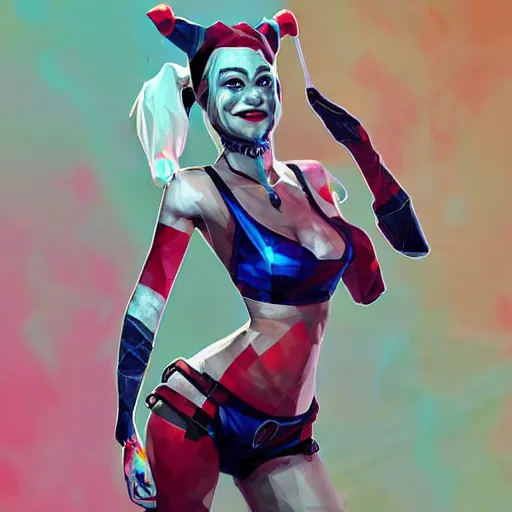 Prompt: digital art, low poly 3d render of Harley Quinn but she's a beautiful young ape-girl with long pony tails on either side of her head, illustration, by James Jean, artgerm, octane render, by John Coltrane and Marc Simonetti, Manic, graffiti, kinemacolor, colorful, high detail of the face, full body