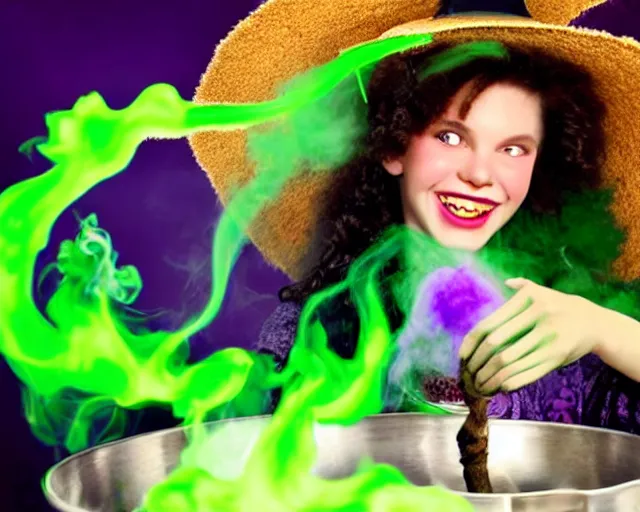 Prompt: close up portrait, happy teen witch and her cat mixing a spell in a cauldron, faint wispy green and purple smoke fills the air, a witch hat, cinematic, green glowing smoke is coming out of the cauldron, ingredients on the table, apothecary shelves in the background, still from nickelodeon show all that