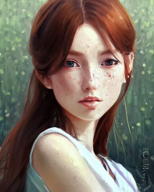 Image similar to portrait Anime cottagecore woman, girl cute-fine-face, pretty face, realistic shaded Perfect face, fine details. Anime. realistic shaded lighting by Ilya Kuvshinov Giuseppe Dangelico Pino and Michael Garmash and Rob Rey, IAMAG premiere, aaaa achievement collection, elegant freckles, fabulous