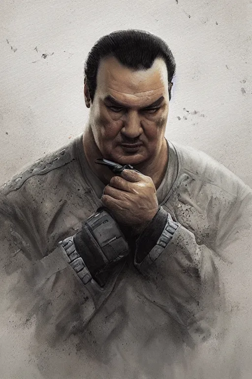 Image similar to sad steven seagal in prison, intricate, highly detailed, digital painting, artstation, concept art, smooth, sharp focus, illustration, art by greg rutkowski, patriotic