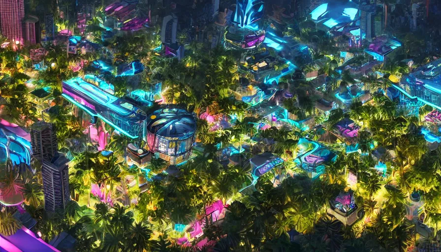 Prompt: Ecological city with neon lights built in the heart of a tropical island, hyperdetailed, artstation, cgsociety, 8k