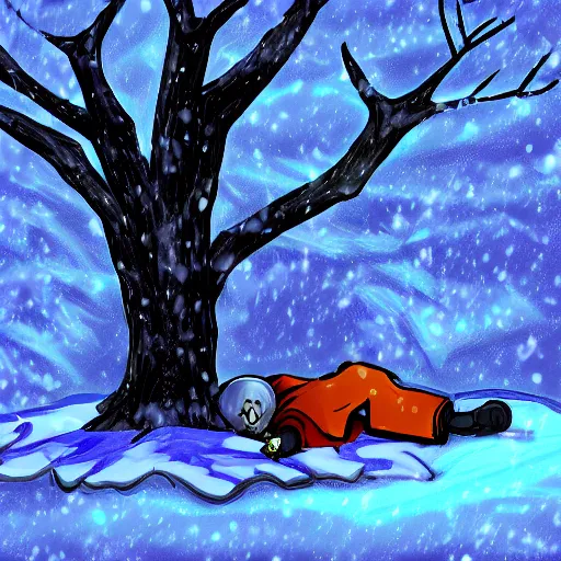 Prompt: Sans from undertale napping under a tree in the snow, digital art