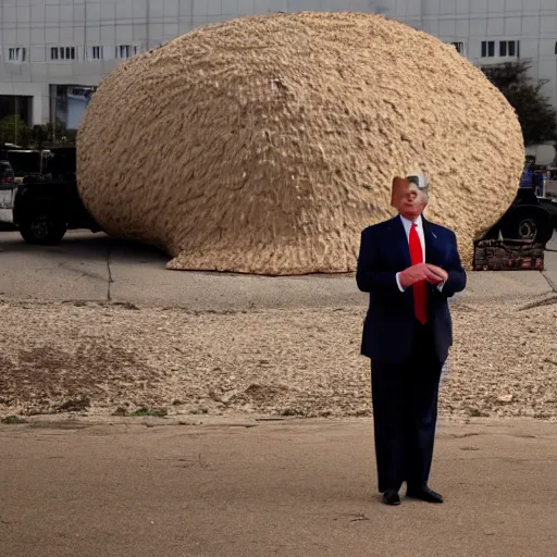 Prompt: photographic evidence of donald trump standing in front of a nuclear bomb hidden under a tarp, 1 0 8 0 p cnn footage