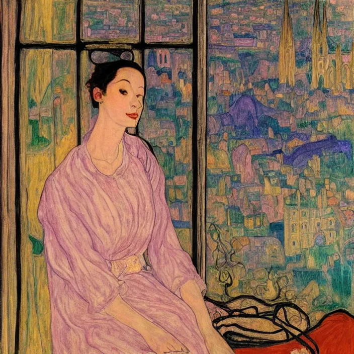 Image similar to close portrait of woman in transparent vaporous night gown with cat, with city with gothic cathedral seen from a window frame with curtains. autumn light, vivid iridescent psychedelic colors. munch, egon schiele, henri de toulouse - lautrec, utamaro, monet, agnes pelton, lucas cranach