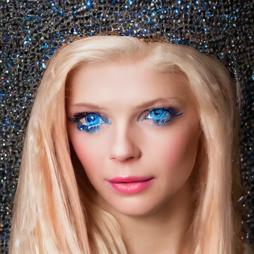 Prompt: close up headshot of a princess with long blonde hair and blue eyes wearing a strapless elaborately beaded pink dress, high resolution film still, 8k, HDR color, film by Simon Langton and David Frankel, gazing eyes