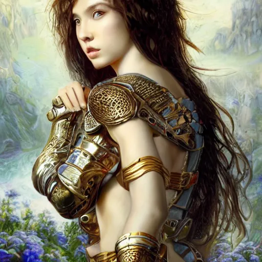 Image similar to a masterpiece ultrarealistic ultradetailed portrait of a incredibly beautiful girl in incredible armor. medium shot, intricate, elegant. by stanley artgerm lau, wlop, rossdraws, james jean, andrei riabovitchev, yoshitaka amano. background by james jean and gustav klimt, light by julie bell, porcelain skin. trending on artstation