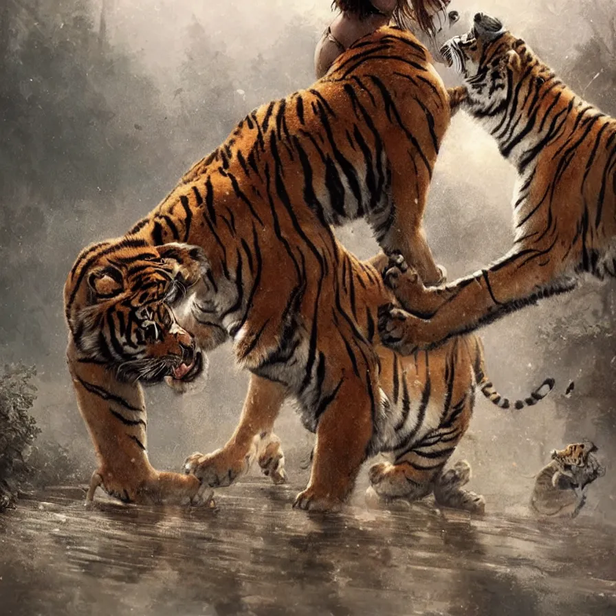 Image similar to the relationship between a girl and a tiger. they love each other, girl with beautiful soft woman body, detailed digital art by greg rutkowski.