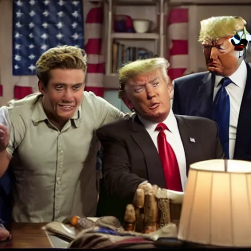 Image similar to a scene from the tv show, the boys, featuring donald trump as homelander.