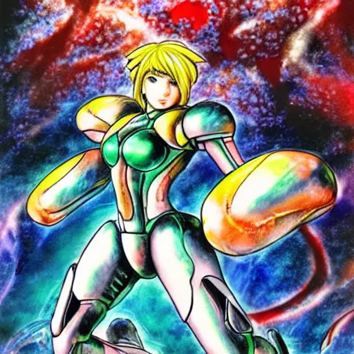 Prompt: Samus Aran from Metroid as illustrated by Yoshitaka Amano. 1994. Acrylic and Watercolor on lithography paper.