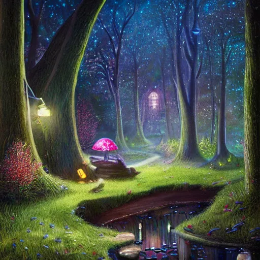 Image similar to realist painting, high detail, woodland village, in the night, fantasy, crescent moon, luminous, toadstools, fireflies, fantasy, mist, highly detailed painting, fine lines, light rays, attractive woman fairy, 8 k realistic, sharp focus