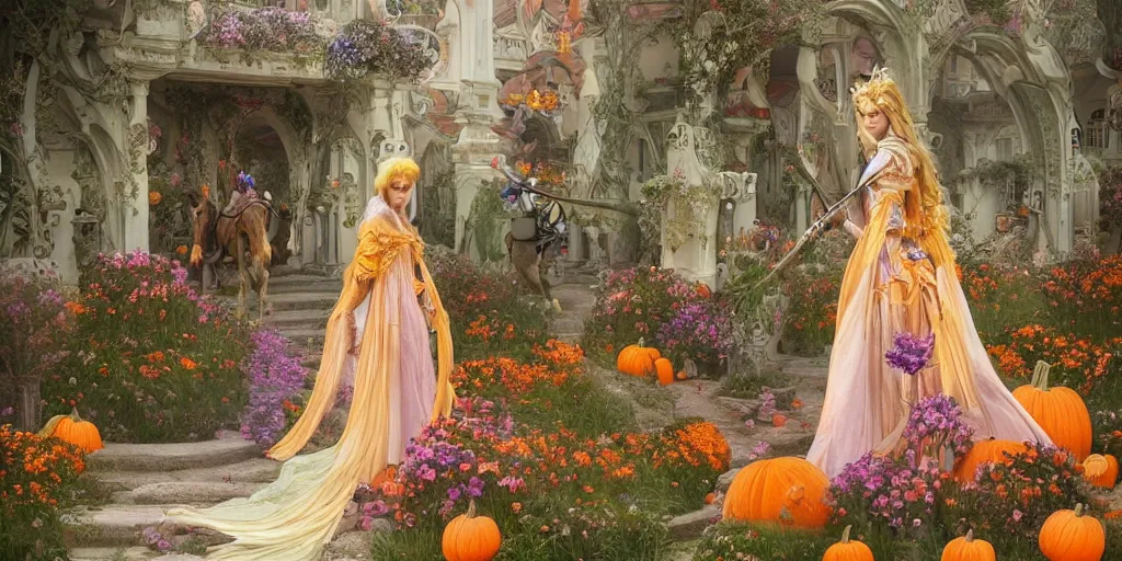 Prompt: fairytale princess entering the gates of her majestic palace of flowers , with horse driven , carriage made of pumpkins , epic scene unreal render depth focus hyperrealistic detail Star Wars mucha fantasy art behance