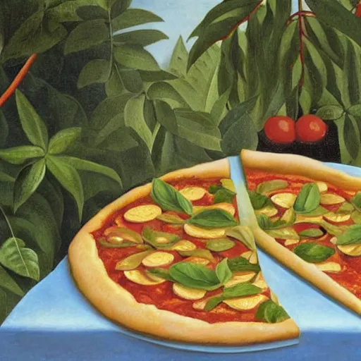 Image similar to A magaritha pizza on a marble table in a garden by Henri Rousseau