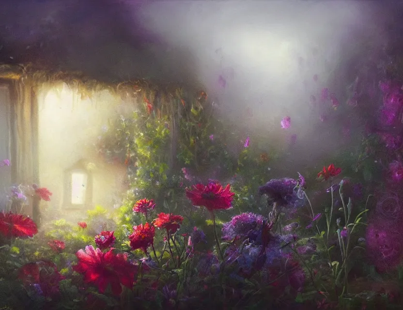 Prompt: amorphous, gooey life form spreading over a cottage garden in a beautiful foggy morning. oil painting, indie concept art, bloom, chiaroscuro, backlighting, intricate details, depth of field.