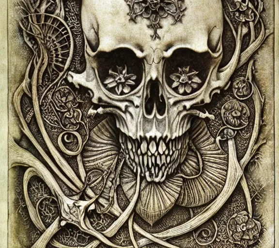 Image similar to memento mori by arthur rackham, art forms of nature by ernst haeckel, exquisitely detailed, art nouveau, gothic, ornately carved beautiful skull dominant, intricately carved antique bone, art nouveau botanicals, ornamental bone carvings, art forms of nature by ernst haeckel, horizontal symmetry, arthur rackham, ernst haeckel, symbolist, visionary