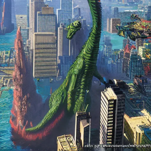 Image similar to a hyper-realistic studio oil-painting of a giant Godzilla destroying new-york in minecraft!!!!!; hyper-detailed; an extraordinary masterpiece!!!; flawless; trending on artstation