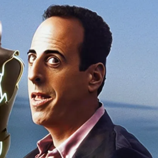 Image similar to Jerry Seinfeld as a cyborg, extremely realistic, movie still