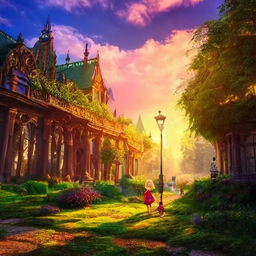 Prompt: a fantasy realm with fairies and different creatures walking the streets with beautiful ornate buildings and lush green trees, morning sunrise and amazing lighting