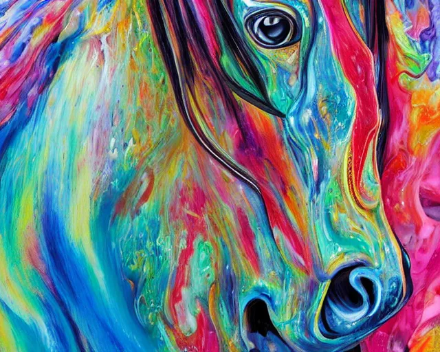 Image similar to still shot close up footage of the portrait of a horse head explodes and disintegrates into acrylic pour and splashing paint, motion blur, hyperrealistic, medical, intricate art photography, anatomically correct, realistic crisp textures, 1 6 k