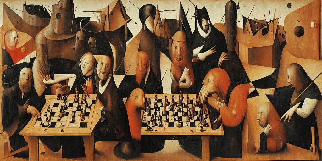 Prompt: “chess players by Hieronymous Bosch, trending on artstation, 8k, highly detailed”