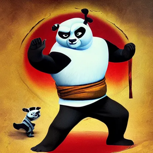 Prompt: po from kung fu panda fighting bruce lee, baroque art style,