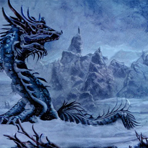 Prompt: dead blue dragon, in the snow, ethereal, matte painting, still from the movie, high fantasy,