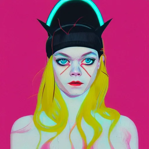 Prompt: Elle Fanning in The Neon Demon picture by Sachin Teng, asymmetrical, dark vibes, Realistic Painting , Organic painting, Matte Painting, geometric shapes, hard edges, graffiti, street art:2 by Sachin Teng:4