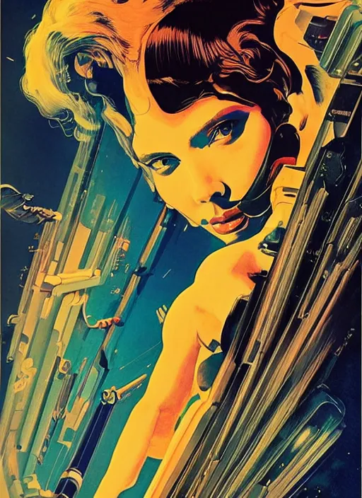 Image similar to scarlett johannson, science fiction poster, high details, intricate details, by vincent di fate, artgerm julie bell beeple, 1 9 6 0 s, inking, vintage 6 0 s print, screen print