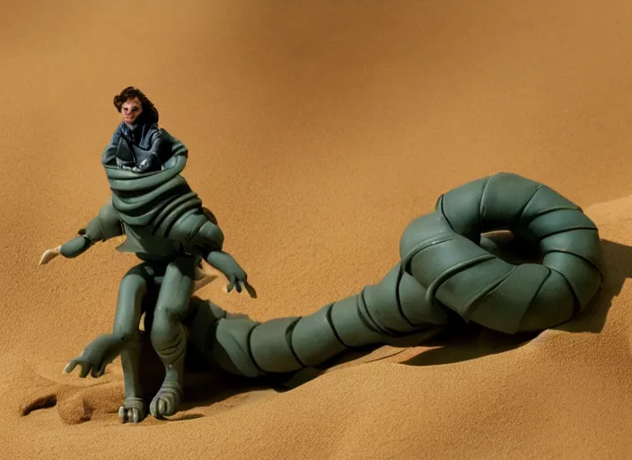 Image similar to paul atreides riding a sandworm, dune 2 0 2 1, claymation