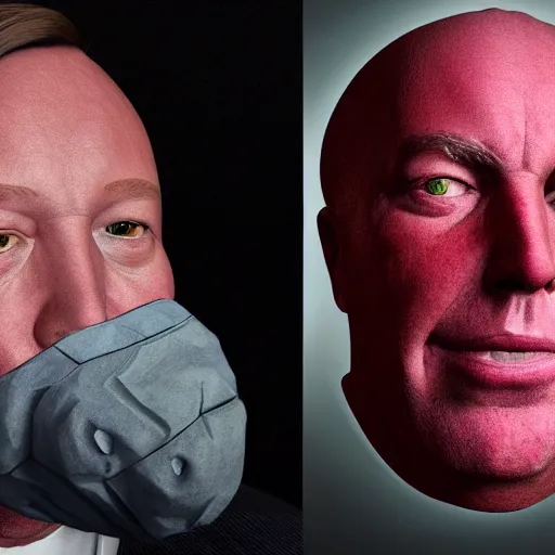 Prompt: hyperrealistic mixed media image of info wars alex jones with ( ( bullfrog mask ) ), stunning 3 d render inspired art by xiang duan and thomas eakes and greg rutkowski, perfect facial symmetry, hyper realistic texture, realistic, highly detailed attributes and atmosphere, dim volumetric cinematic lighting, 8 k octane detailed render, post - processing, masterpiece,