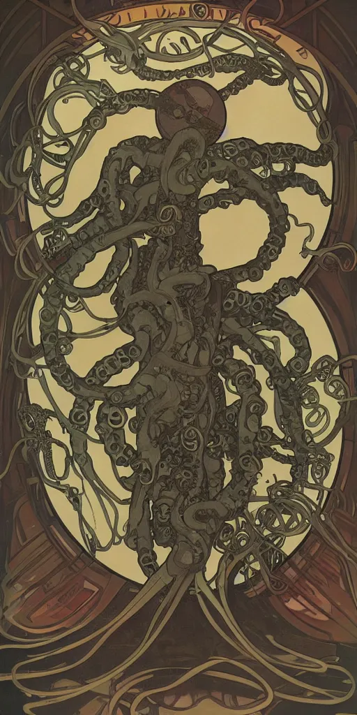 Image similar to eldritch astronaut with tentacle arms, by alphonse mucha, dynamic composition, dramatic lighting, hyper - realistic, ultra detailed, 8 k