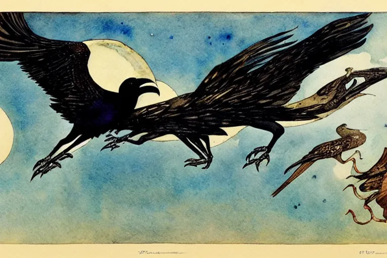 Prompt: six ravens flying art by kay nielsen and walter crane, illustration style, watercolor