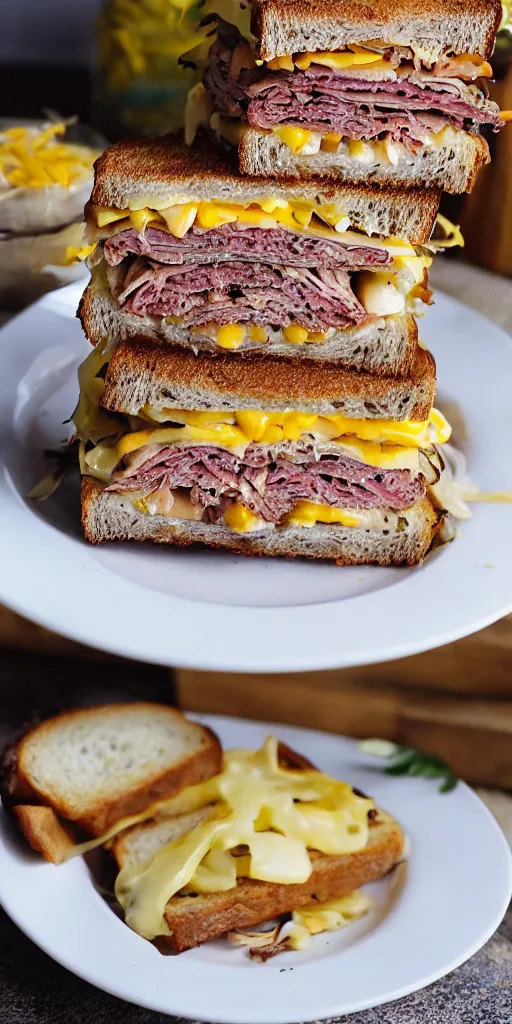Image similar to a photograph of a rueben tower sandwich filled with so much cornbeef roasted meat that the sandwich is 5 - 1 0 x times taller than other sandwiches, it looks mouth watering with melting cheeses and grilled onions, 1 0 0 0 island dressing and pumpernickle bread cooked to perfection, food photography