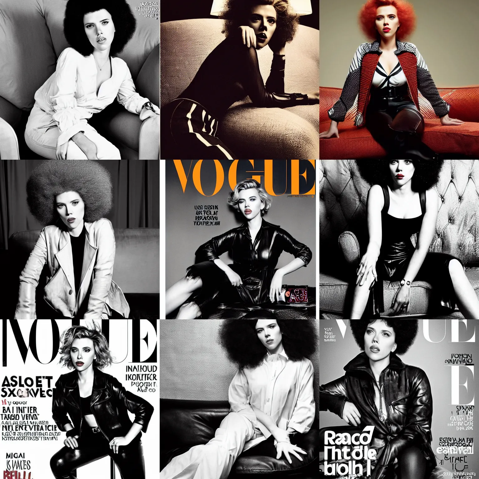 Prompt: scarlett johansson with afro wearing 1 9 7 0 s bellbottoms clothing, black and white, full body profile, sitting on vintage leather sofa, vogue cover, dramatic lighting