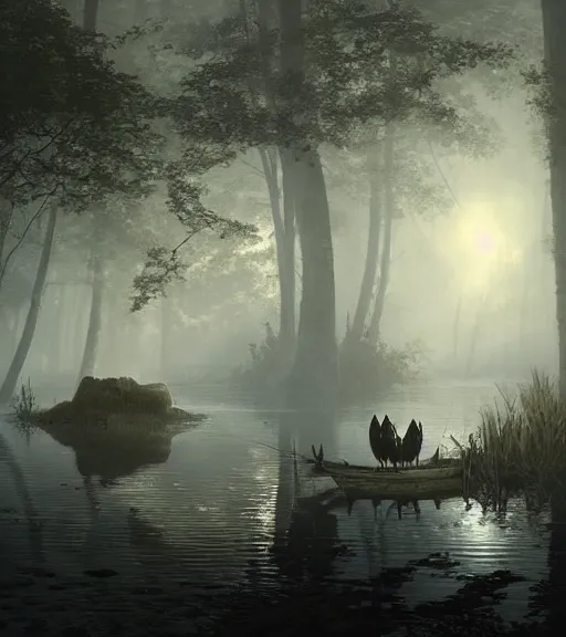 Image similar to three crows in a little boat in a swamp, volumetric lighting, fog, majestic light, octane render, ethereal glare of the sun, hyperrealistic, epic, masterpiece, by greg rutkowski