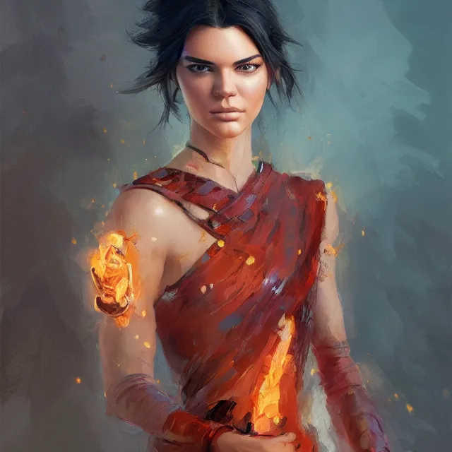 Image similar to Kendall Jenner as a firebender, portrait, elegant, intricate, digital painting, artstation, concept art, smooth, sharp focus, illustration, art by konstantin korovin and Daniel F. Gerhartz and john howe