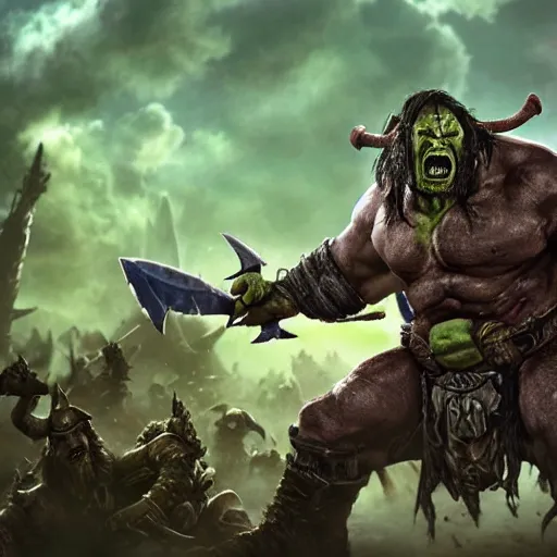 Prompt: warcraft orc holding an axe on the battlefield surrounded by bodies of fallen enemies screaming